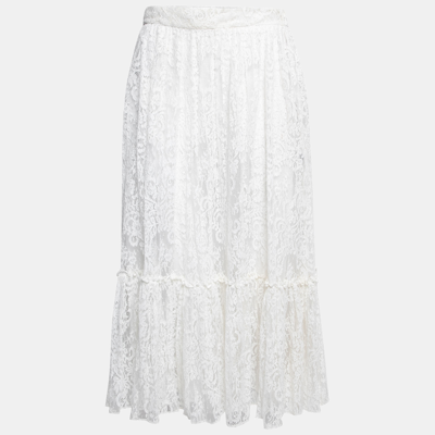 Pre-owned Valentino White Lace Tiered Midi Skirt S