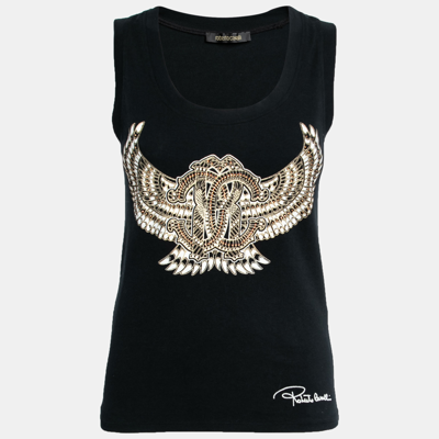 Pre-owned Roberto Cavalli Black Stretch Cotton Printed Tank Top L