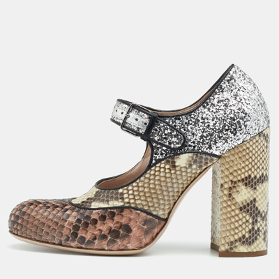 Pre-owned Miu Miu Multicolor Glitter And Python Mary Jane Block Heel Pumps Size 35