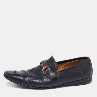 Pre-owned Gucci Black Leather Horsebit Web Detail Slip On Loafers Size 44.5
