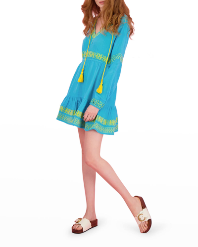 Mer St. Barth Clara Lightweight Embroidered Mini Dress With Tassel Ties In Etheral Blue