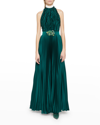 ANDREW GN RUFFLE-NECK BELTED PLEATED SILK GOWN