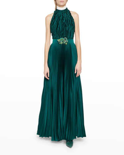 Andrew Gn Ruffle-neck Belted Pleated Silk Gown In Forest Green