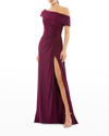 Ieena For Mac Duggal Off-the-shoulder Shirred Jersey Gown In Eggplant