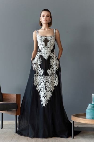 Saiid Kobeisy Polka Dot Tulle Embroidered A-line Gown In Black
