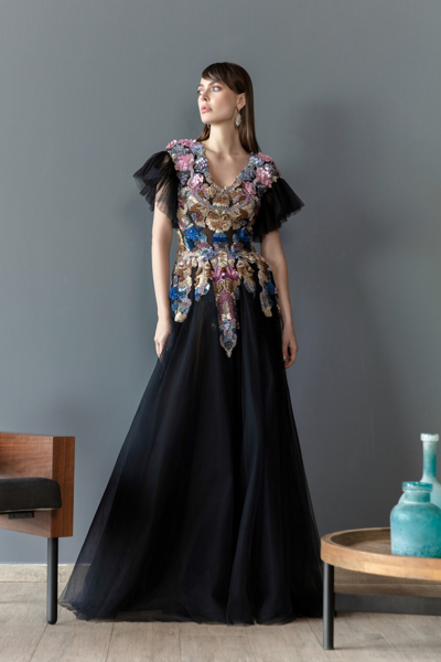 Saiid Kobeisy Tulle Gown With Chromatic Beading In Black