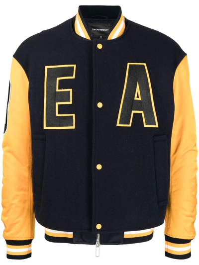 Emporio Armani Wool Bomber Jacket With Nylon Sleeves And Oversized Ea Logo In Navy Blue