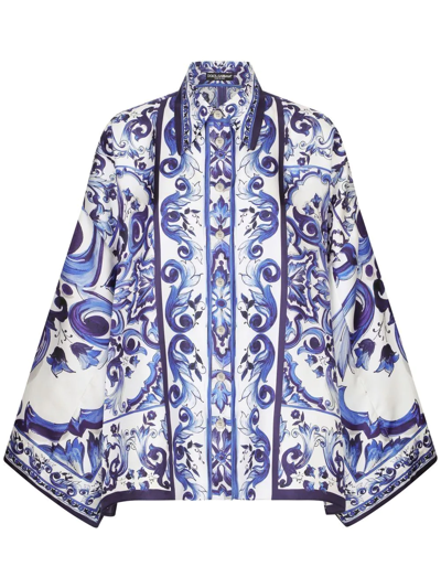 Dolce & Gabbana Majolica Print Batwing Sleeve Blouse In Blue/white