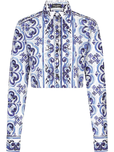 Dolce & Gabbana Cropped Majolica-print Poplin Shirt In Blue