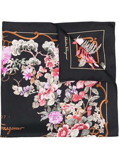 Ferragamo Floral-print Silk Scarf In Black
