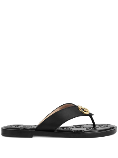 Gucci Interlocking G Leather Thong Sandals In Nero