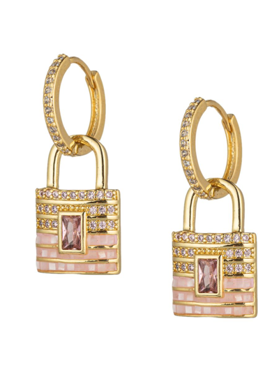 Eye Candy La Women's The Luxe Key To The Lock Goldtone, Shell Pearl & Cubic Zirconia Huggies Earrings In Brass