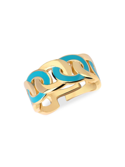 Gabi Rielle Women's 14k Gold Vermeil, Sterling Silver Turquoise French Enamel Adjustable Ring