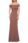 La Femme Ruched Off The Shoulder Net Jersey Evening Dress In Brown