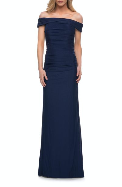 La Femme Ruched Off The Shoulder Net Jersey Evening Dress In Blue
