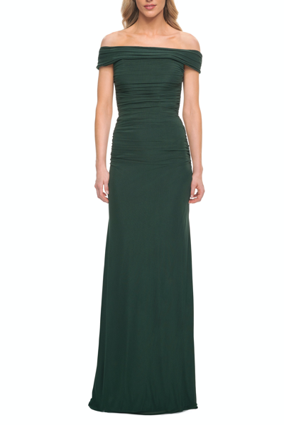 La Femme Ruched Off The Shoulder Net Jersey Evening Dress In Green