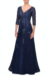 La Femme Three Quarter Sleeve A-line Dress With Lace And Beads In Blue