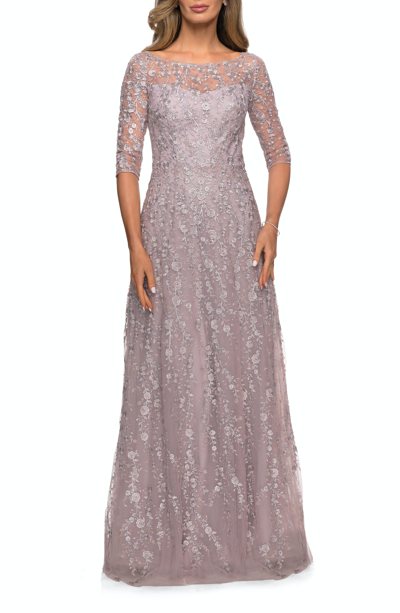 La Femme Floor Length Floral Dress With Three Quarter Sleeves In Orchid Pink