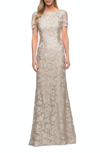 La Femme Beautiful Lace Mother Of The Bride Dress With Short Sleeves In Gold