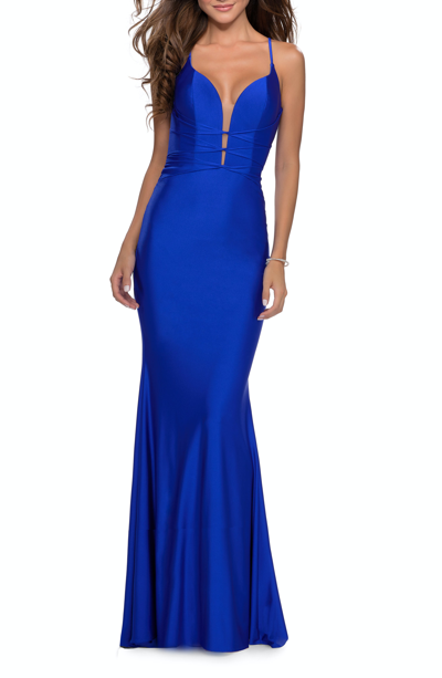 La Femme Long Dress With Knotted Detail And Lace Up Back In Blue