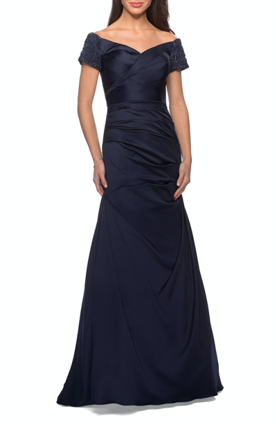 La Femme Satin Off The Shoulder Dress With Beaded Sleeves In Blue