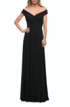 La Femme Off The Shoulder Net Jersey Long Dress With Ruching In Black