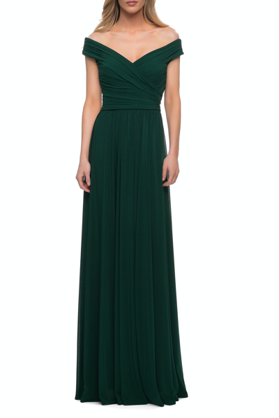 La Femme Off The Shoulder Net Jersey Long Dress In Green
