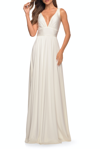 La Femme Empire Waist Gown With Deep V Neckline In White