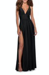 La Femme V-neck Jersey Gown W/ High Slit In Black