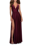 La Femme Deep V Neckline Empire Waist Gown In Purple