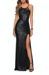 La Femme High Neck Sequin Gown With Open Back And Slit In Black