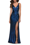 La Femme Gorgeous Metallic Jersey Gown With Ruffle Detail In Blue