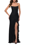 La Femme Stretch Lace Dress With Ruffle Skirt Detail And Slit In Black