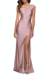 La Femme One Shoulder Shiny Ruched Jersey Dress In Pink