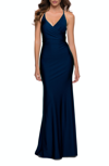 La Femme Criss Cross Bodice Fitted Long Jersey Gown In Blue