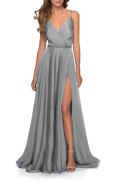 La Femme Pleated Bodice Chiffon Dress In Grey