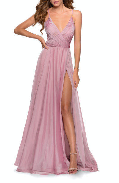 La Femme Chiffon Dress With Pleated Bodice And Pockets In Pink
