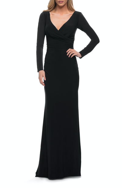 La Femme Long Sleeve Jersey Evening Dress In Black