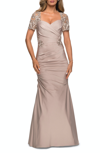 La Femme Lace Sleeve Satin Evening Dress In Pink