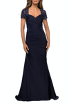 La Femme Satin Evening Dress With Lace And Scoop Neckline In Blue