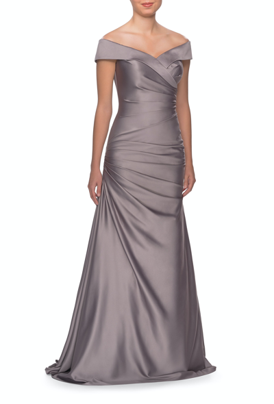 La Femme Off The Shoulder Satin Evening Dress With Pleating In Grey
