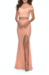 La Femme Two Piece Off The Shoulder Sequin Lace Prom Dress In Peach