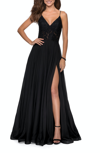 La Femme Chiffon Sheer Floral Lace Bodice Dress In Black