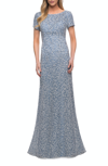 La Femme Long Print Lace Dress In Steel Blue