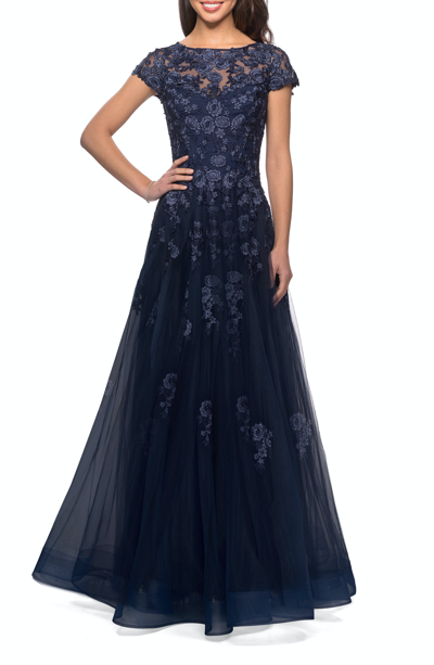 La Femme Intricate Lace Long Tulle Gown In Blue