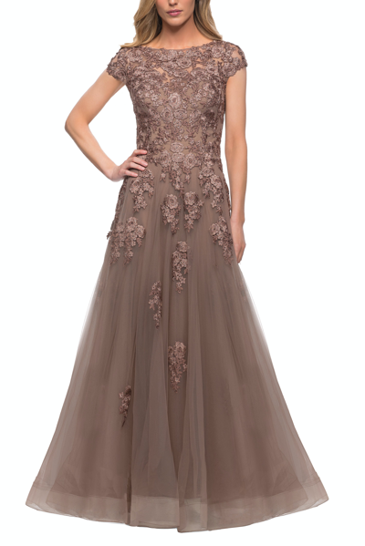 La Femme Intricate Lace Long Tulle Gown In Brown