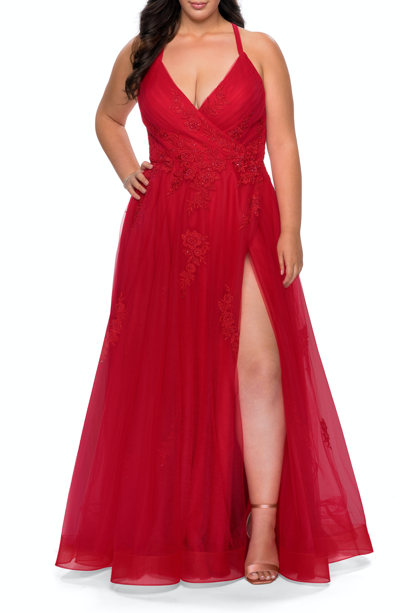 La Femme Floral Detailing A-line Tulle Dress In Red
