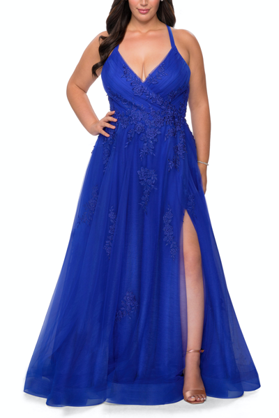 La Femme Floral Detailing A-line Tulle Dress In Blue