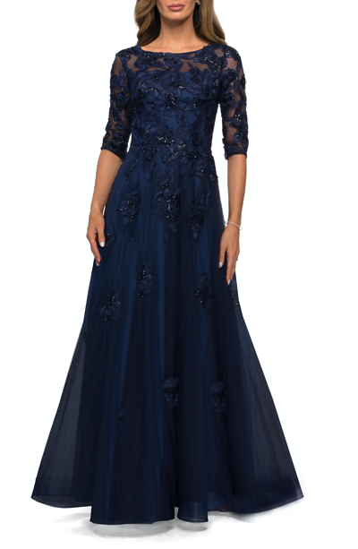 La Femme Three Quarter Sleeve A-line Gown In Blue