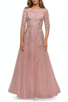 La Femme Three Quarter Sleeve A-line Gown With Floral Embellishments In Purple